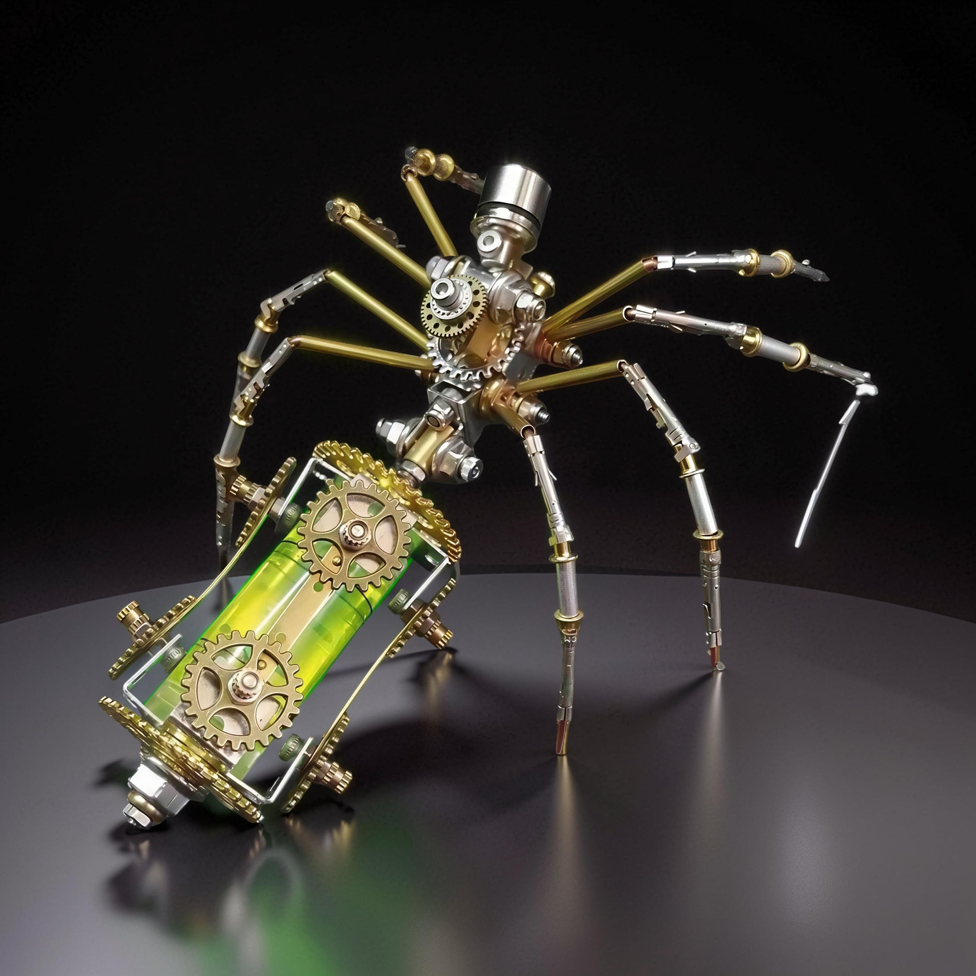 The Curious Mind Style E mechanical spider DIY kit, made of metal with intricate gears and a green glowing core. Display model.