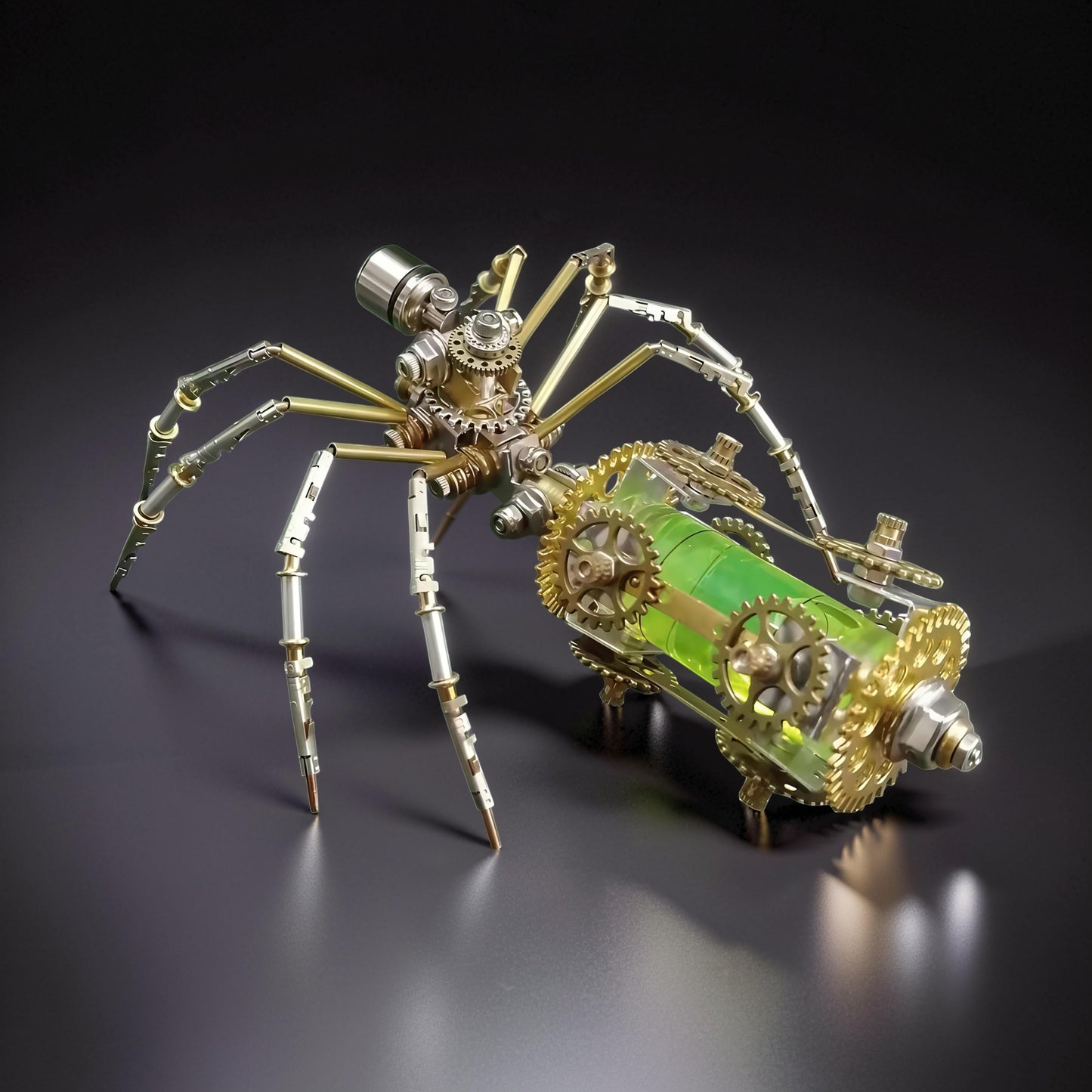 The Curious Mind mechanical spider DIY kit, Style E, made of metal with brass and silver accents and a green glowing vial.