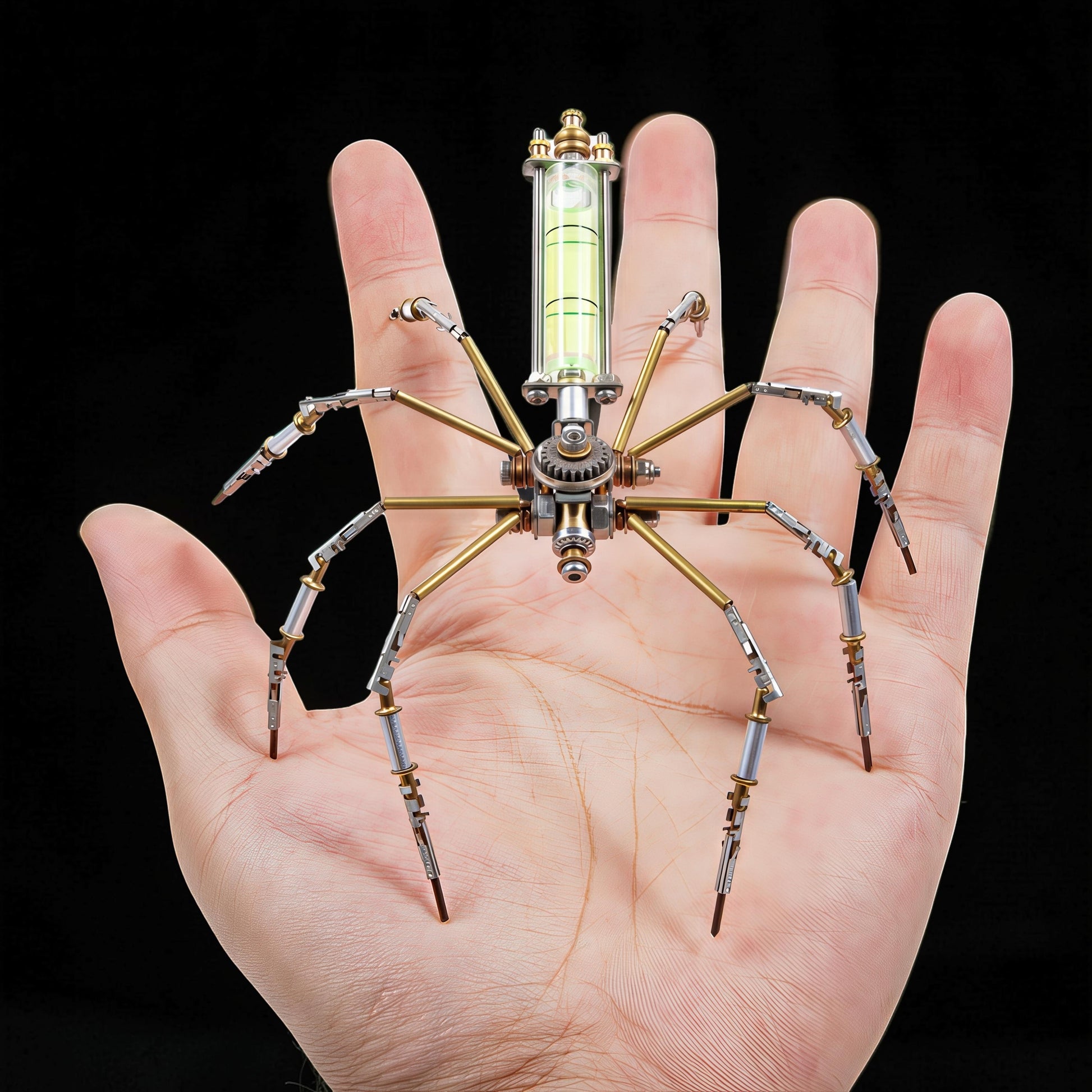 The Curious Mind mechanical spider DIY kit, made of metal, with a level bubble on its back, held in a hand.