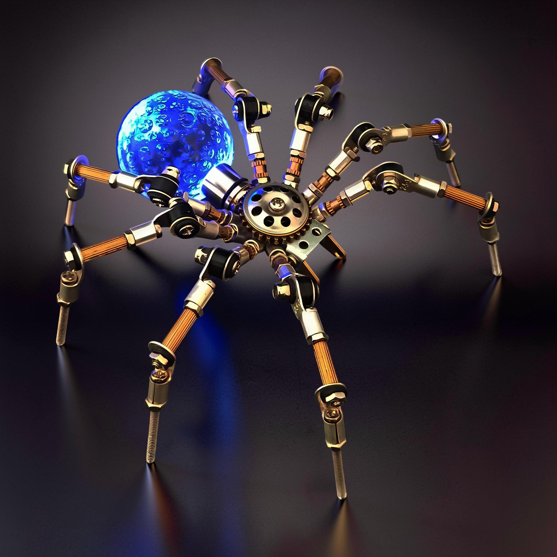 The Curious Mind Style G mechanical spider model kit, made of metal with a glowing blue orb.