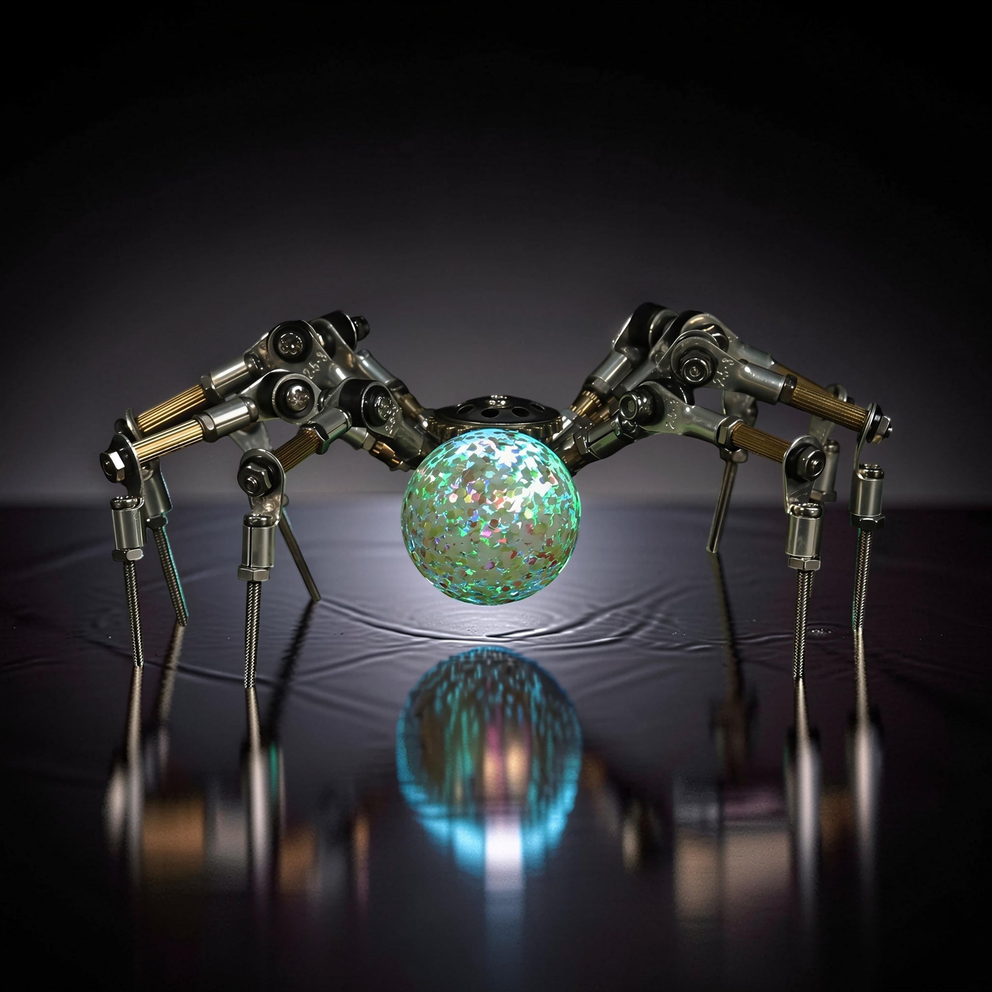 The Curious Mind Style G mechanical spider model kit, made of metal, with a glittery green orb.