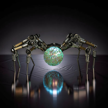 The Curious Mind Style G mechanical spider model kit, made of metal, with a glittery green orb.