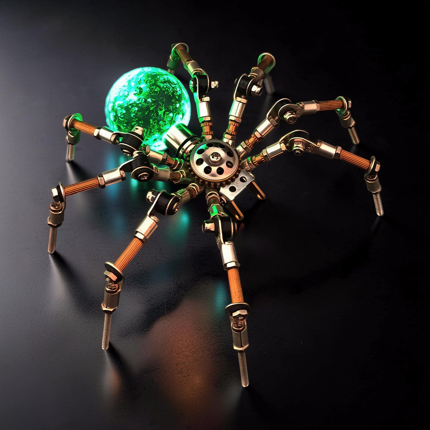 The Curious Mind Style G mechanical spider DIY kit, made of metal with a green glowing orb.