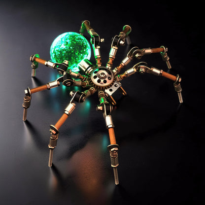 The Curious Mind Style G mechanical spider DIY kit, made of metal with a green glowing orb.