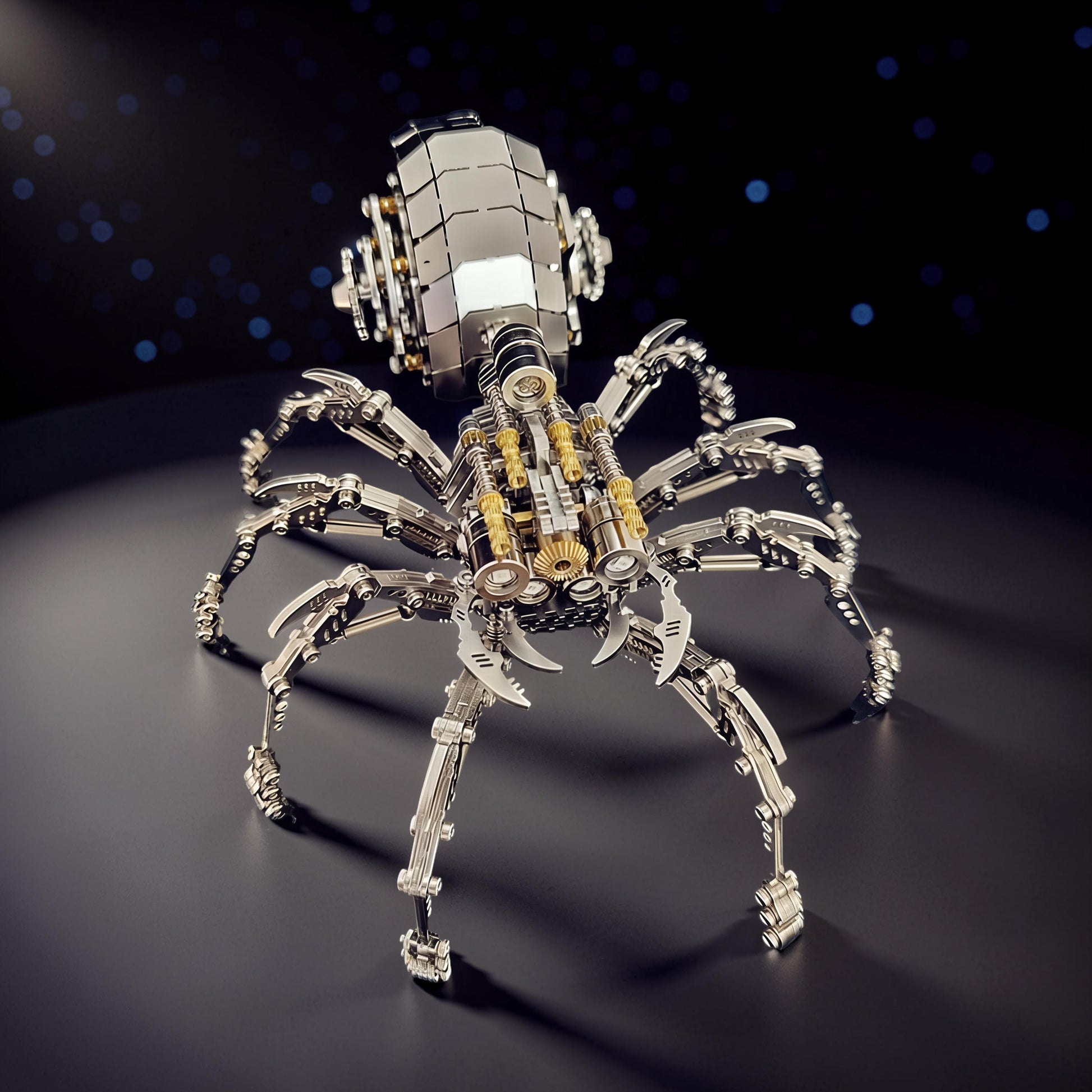 The Curious Mind Mechanical Spider 3D metal model kit with intricate gears and light-up features.