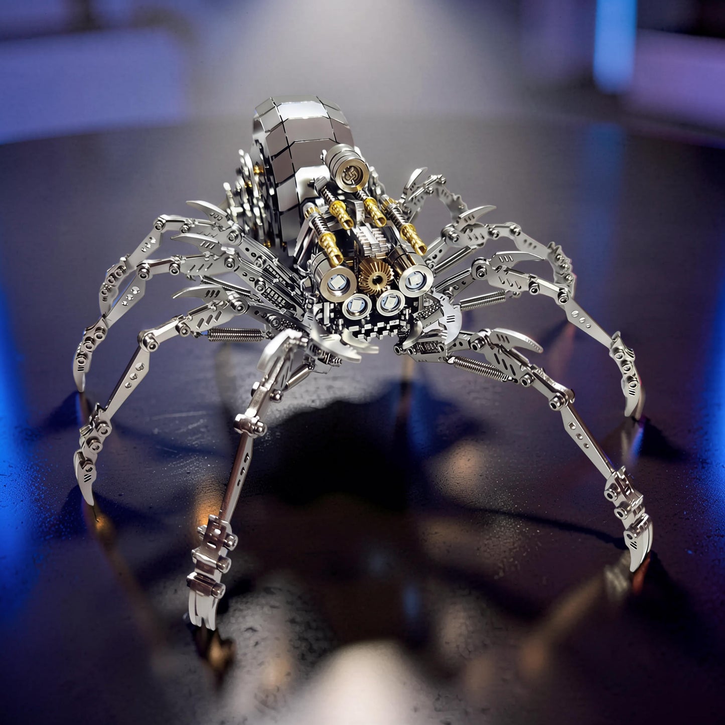 The Curious Mind Mechanical Spider 3D metal model kit with intricate gears and light-up features.