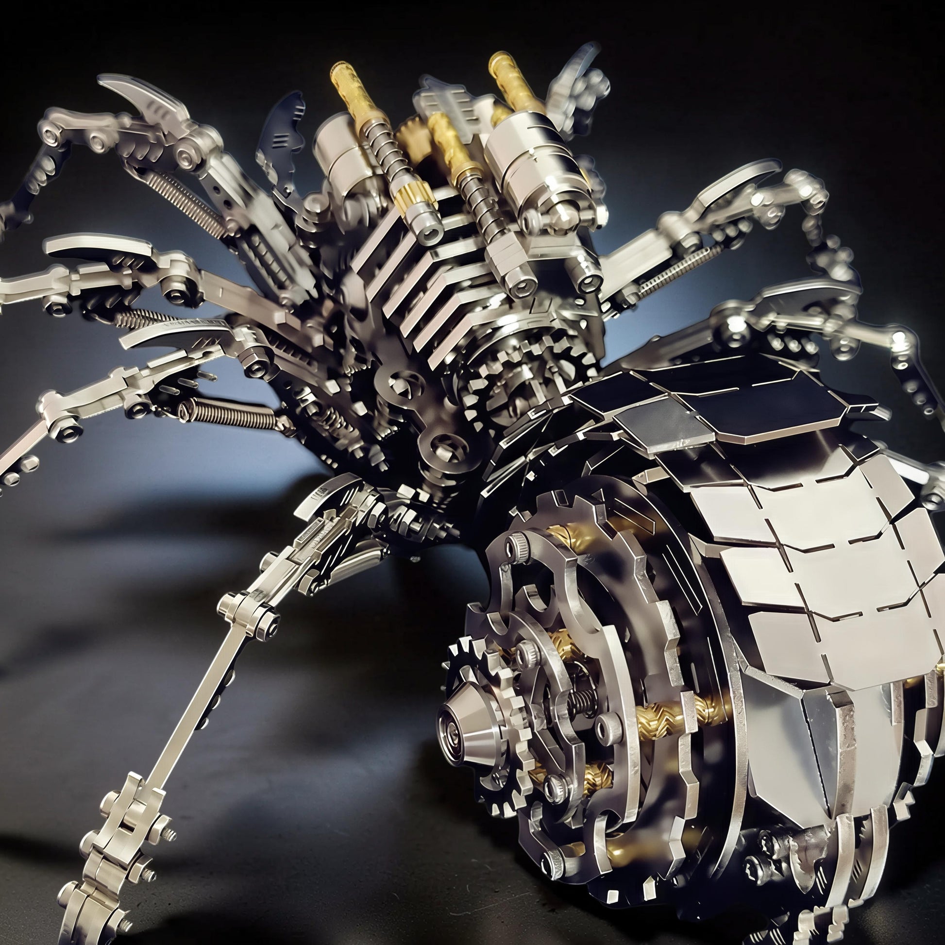 The Curious Mind Mechanical Spider 3D metal model kit with intricate gears and lighting features. Steampunk creature design.