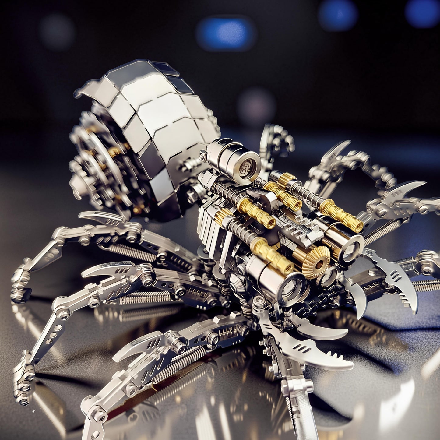 The Curious Mind Mechanical Spider 3D metal model kit with intricate details, metallic finish, and gold accents. Features articulated legs and a segmented body.