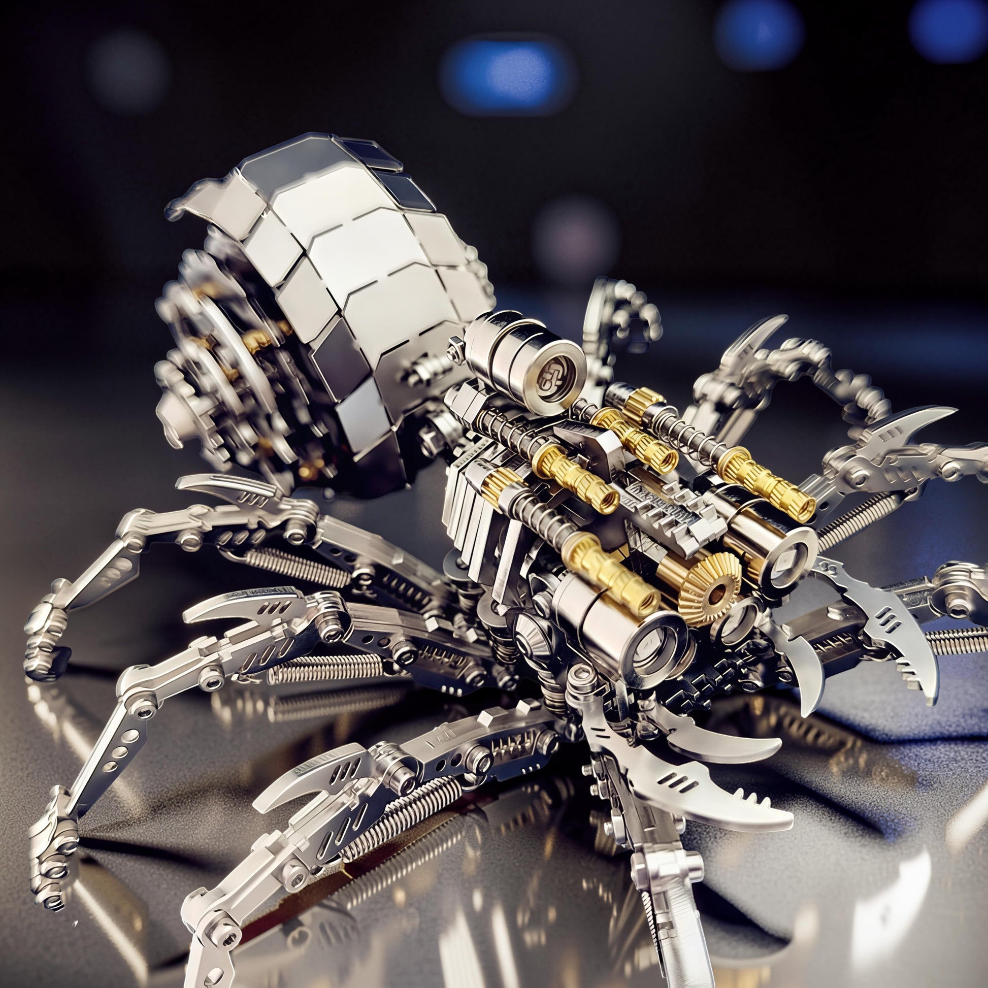 The Curious Mind Mechanical Spider 3D metal model kit with intricate details, metallic finish, and gold accents. Features articulated legs and a segmented body.