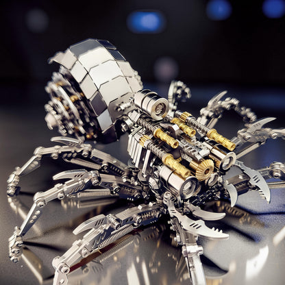 The Curious Mind Mechanical Spider 3D metal model kit with intricate details, metallic finish, and gold accents. Features articulated legs and a segmented body.
