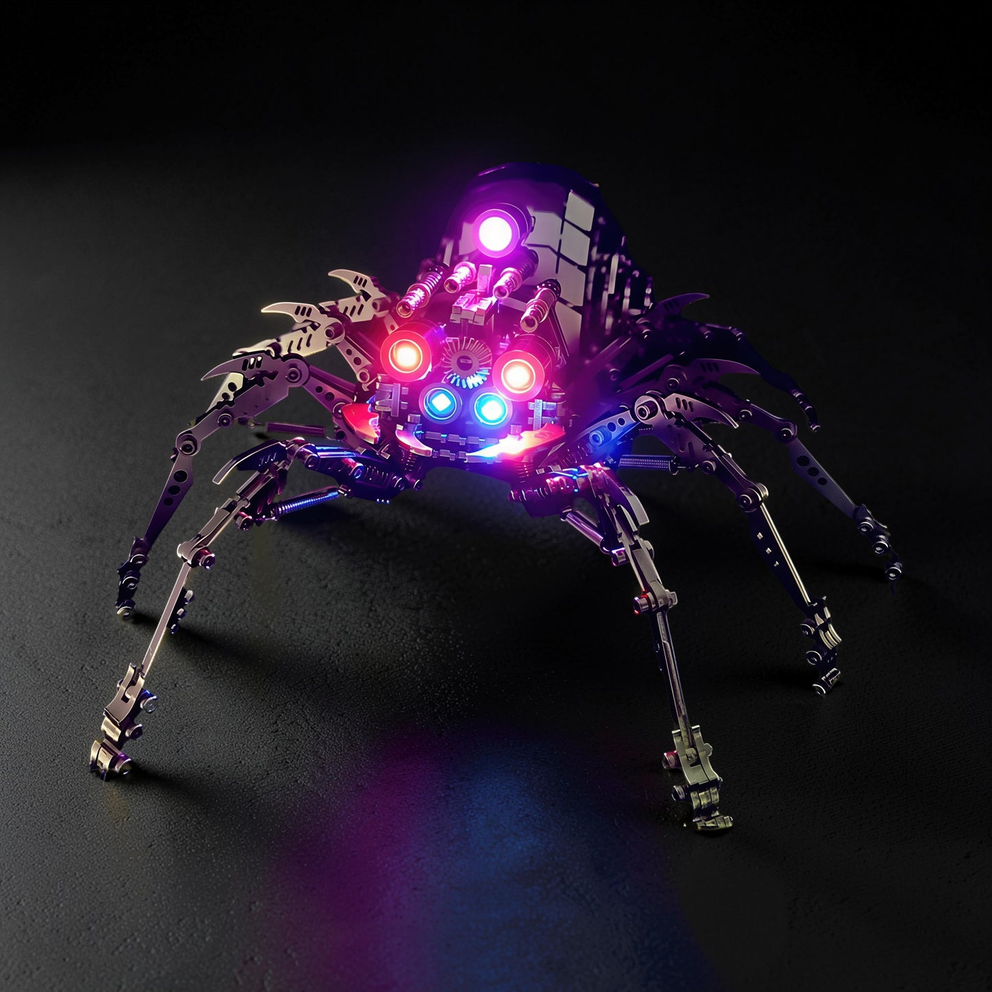 The Curious Mind Mechanical Spider 3D metal model kit with intricate metal parts and illuminated red, blue, and purple lights.