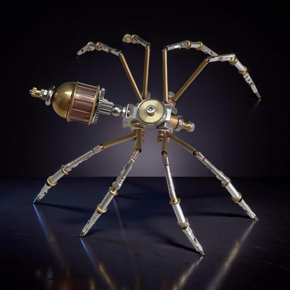 The Curious Mind Style C mechanical spider model kit, made of metal with brass and silver accents, featuring intricate gears and articulated legs.