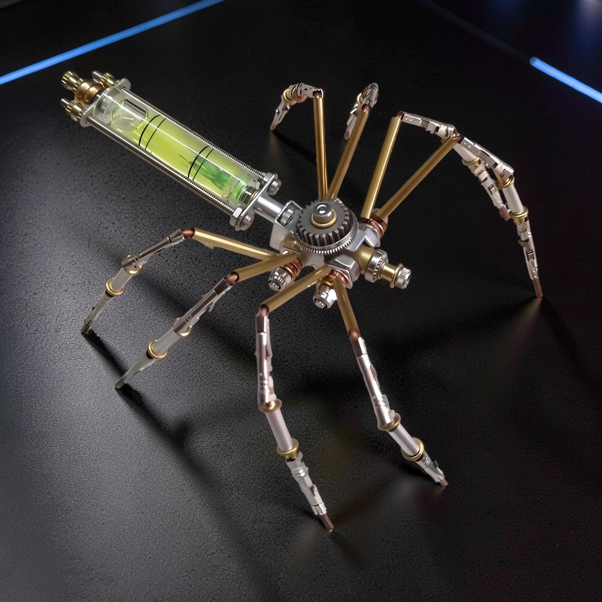 The Curious Mind mechanical spider model kit with a level bubble in its abdomen, made of metal.