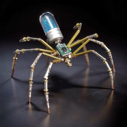 The Curious Mind Style B mechanical spider model kit, made of metal with brass legs and a glass vial body filled with blue material.