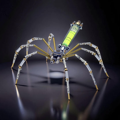 The Curious Mind Spider DIY Kit - Style F mechanical model with metal parts and a green liquid level.
