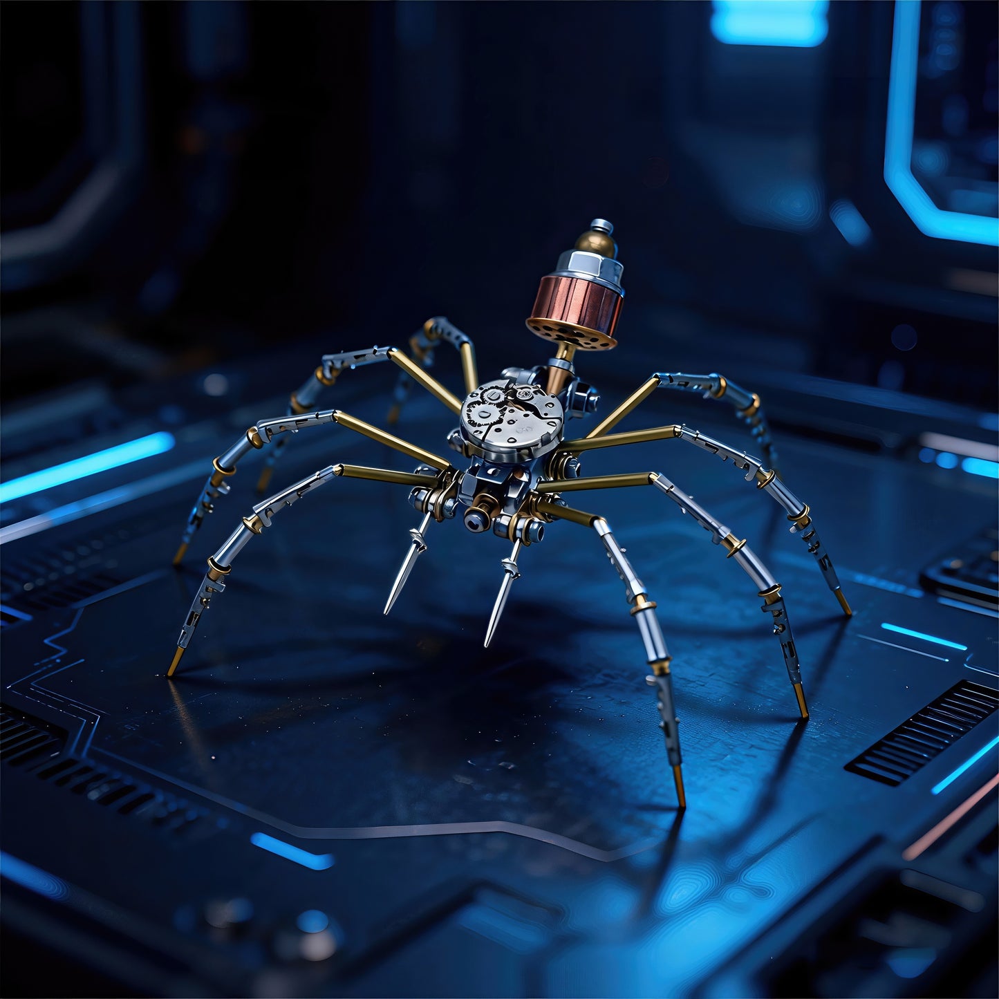 The Curious Mind Style A mechanical spider model kit, made of metal with intricate gears and copper accents.