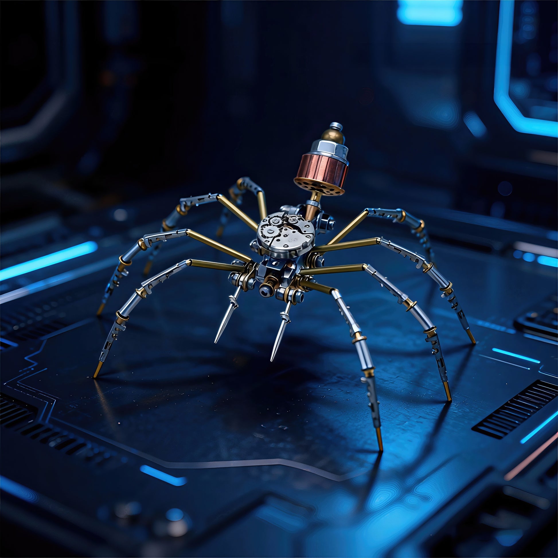 The Curious Mind Style A mechanical spider model kit, made of metal with intricate gears and copper accents.