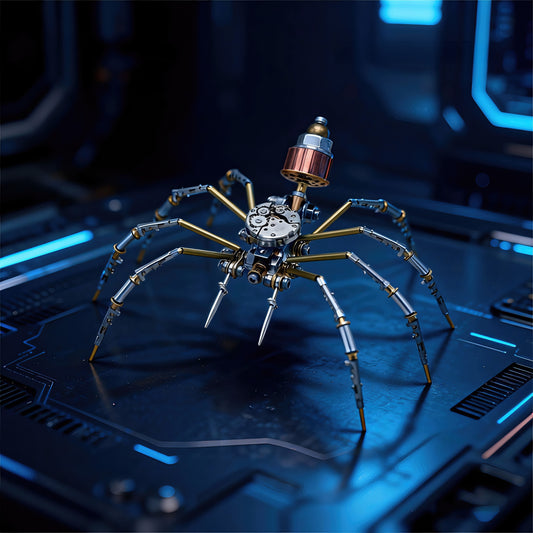 The Curious Mind Style A mechanical spider model kit, made of metal with intricate gears and copper accents.