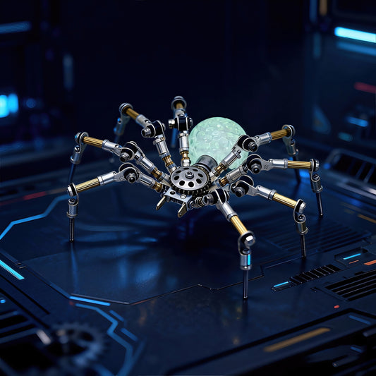 The Curious Mind Style G mechanical spider model kit, made of metal with a glowing green orb body.