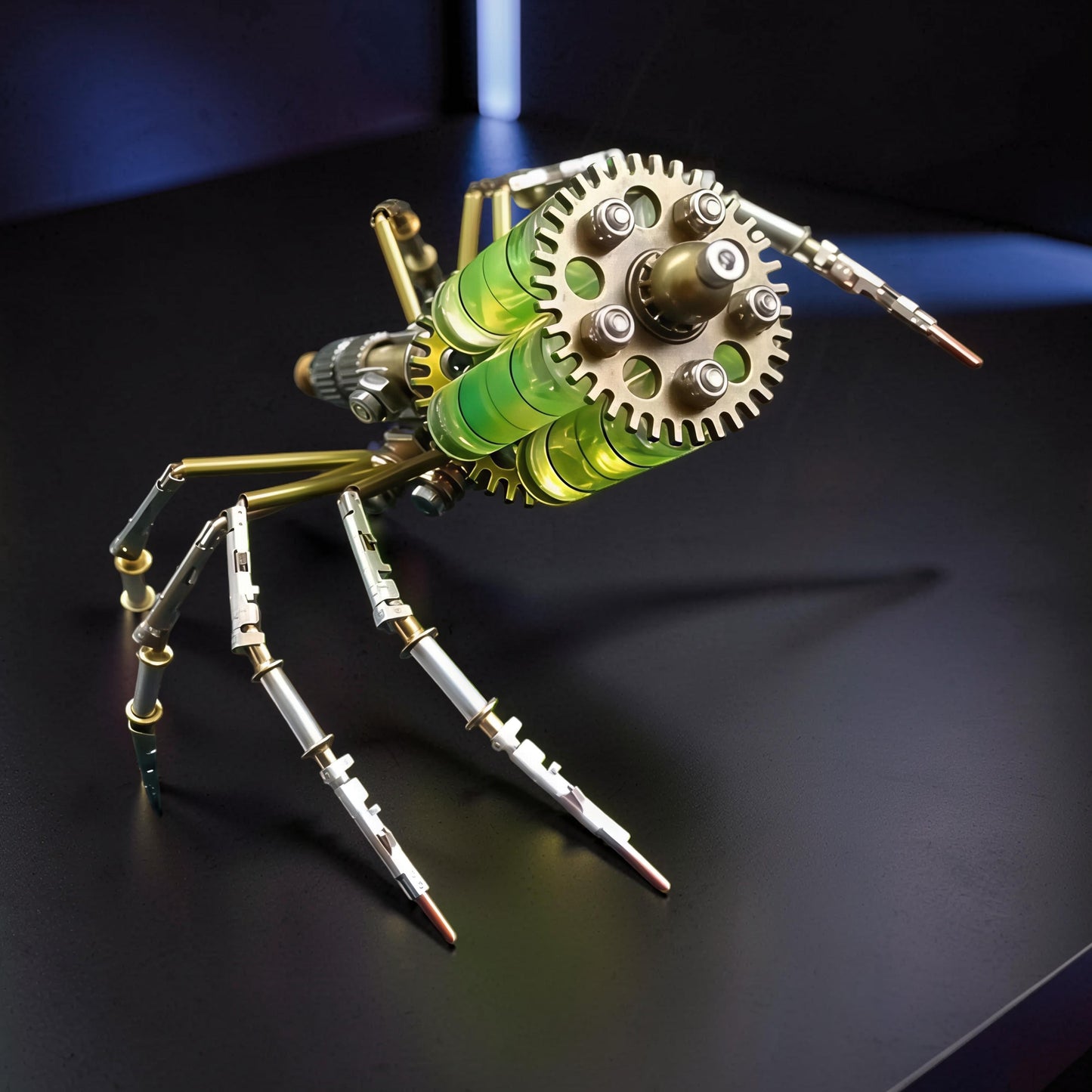 The Curious Mind Style E mechanical spider model kit, made of metal with green glass tubes and gears.