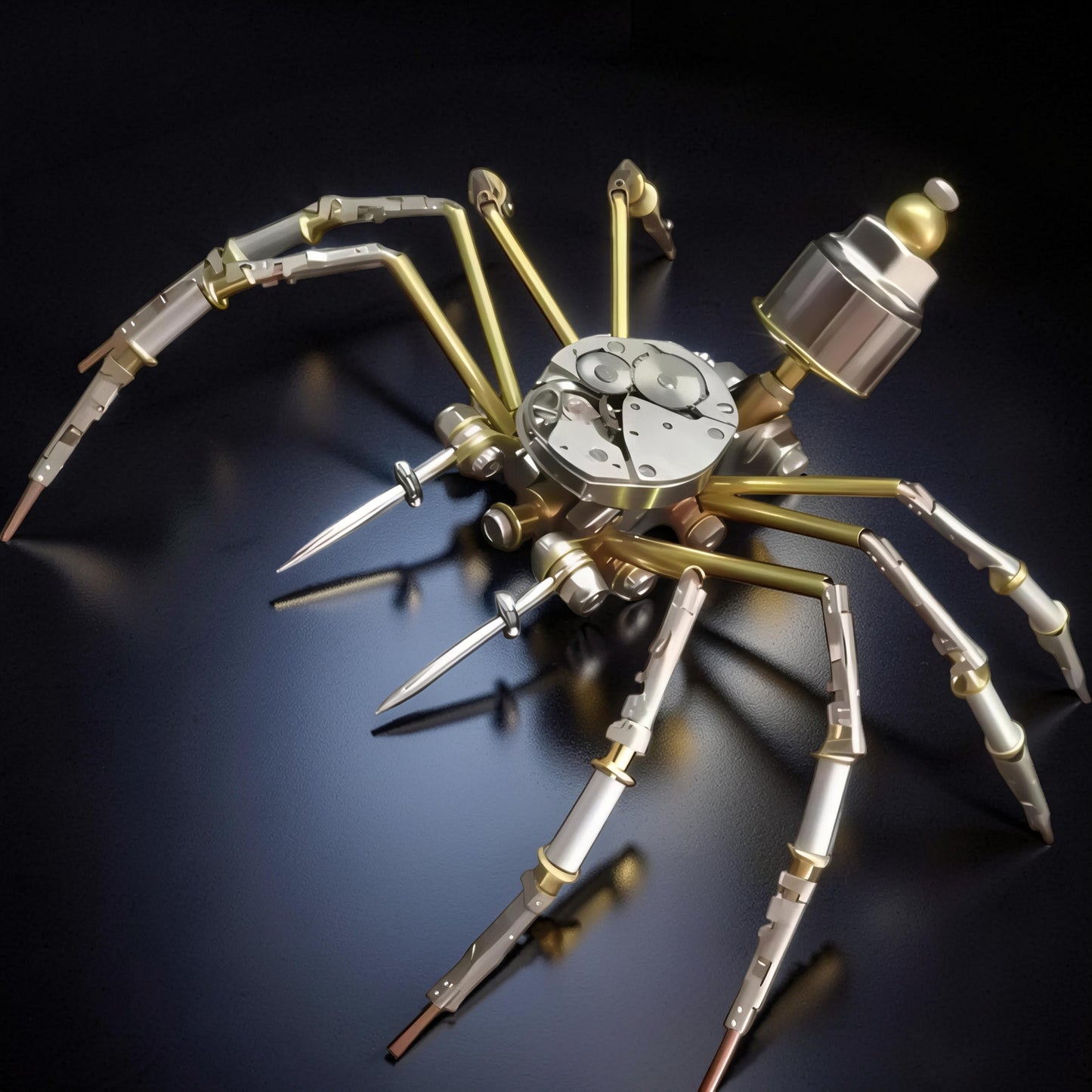 The Curious Mind Style A mechanical spider model kit, made of metal with intricate gears and articulated legs.