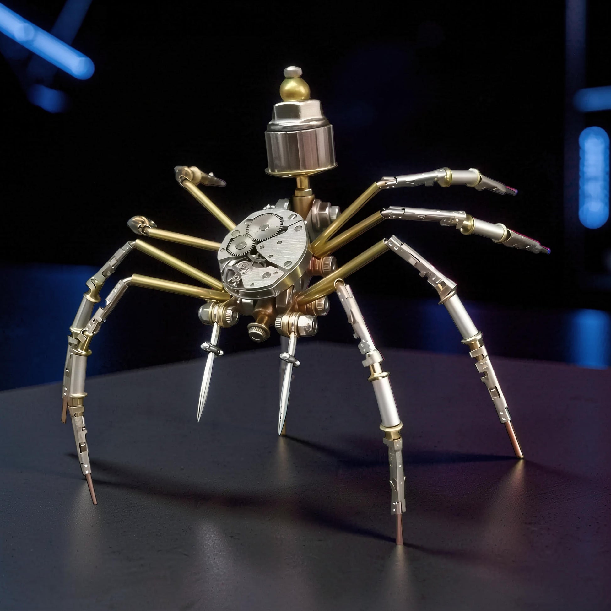 The Curious Mind Style A mechanical spider model kit, made of metal with visible gears and intricate detailing. A unique steampunk desk decoration.