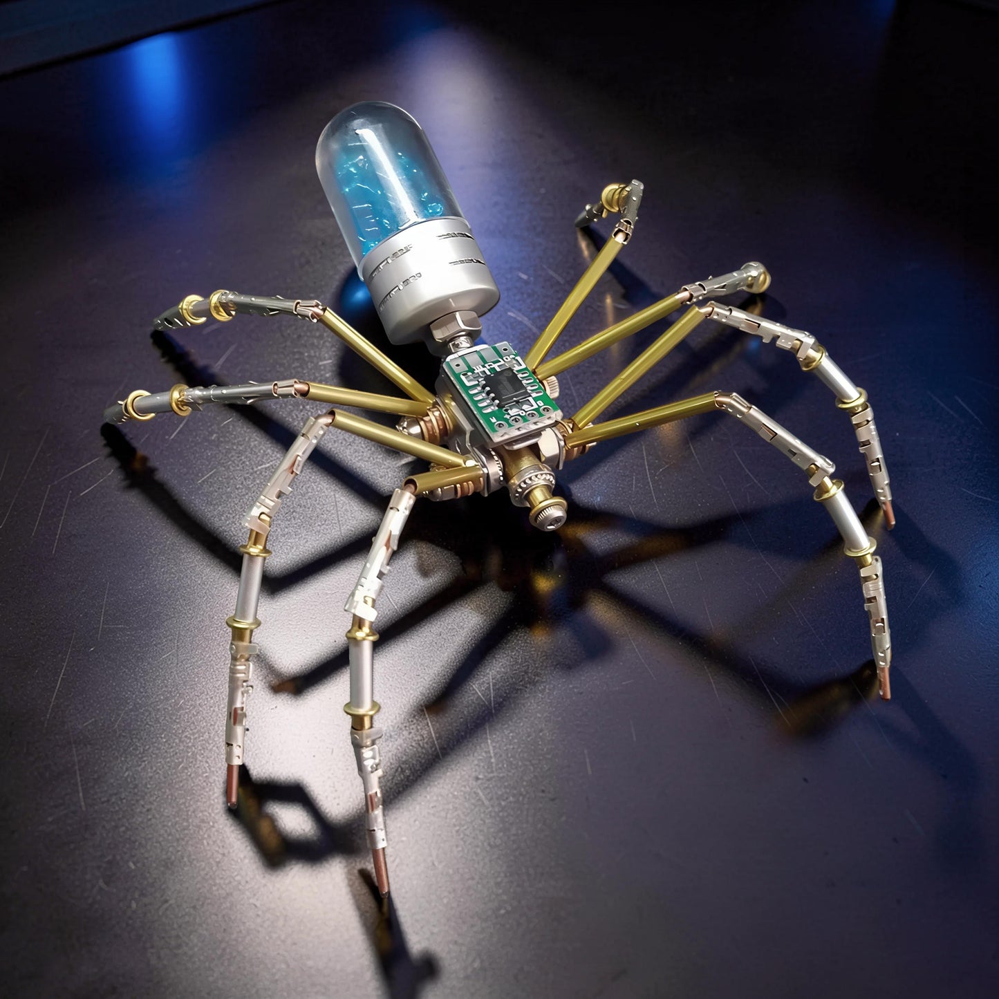 The Curious Mind Style B mechanical spider model kit, made of metal with a blue-filled glass capsule body and circuit board detail.