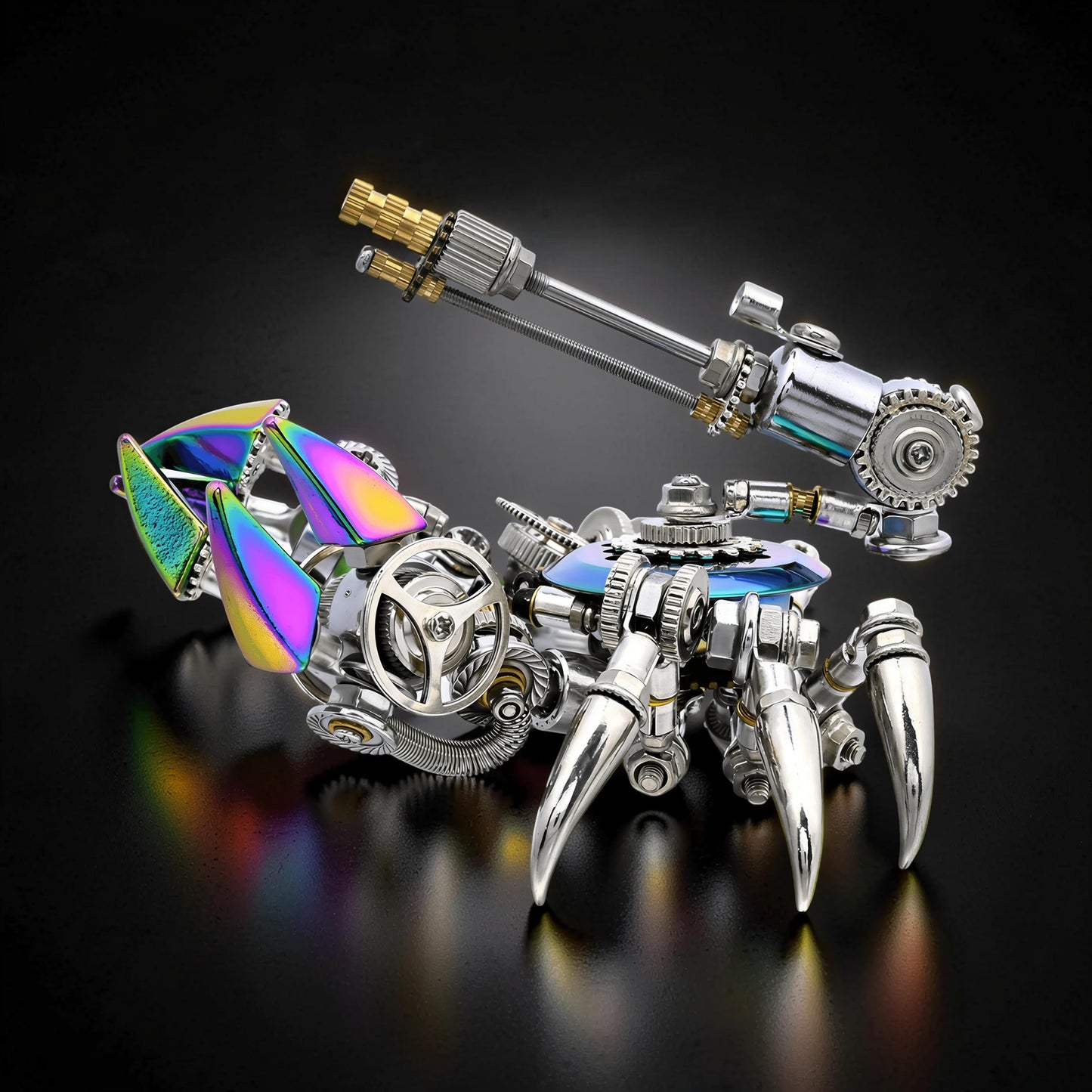 The Curious Mind Premium 3D metal model kit of a steampunk crab with iridescent claws and intricate mechanical details.