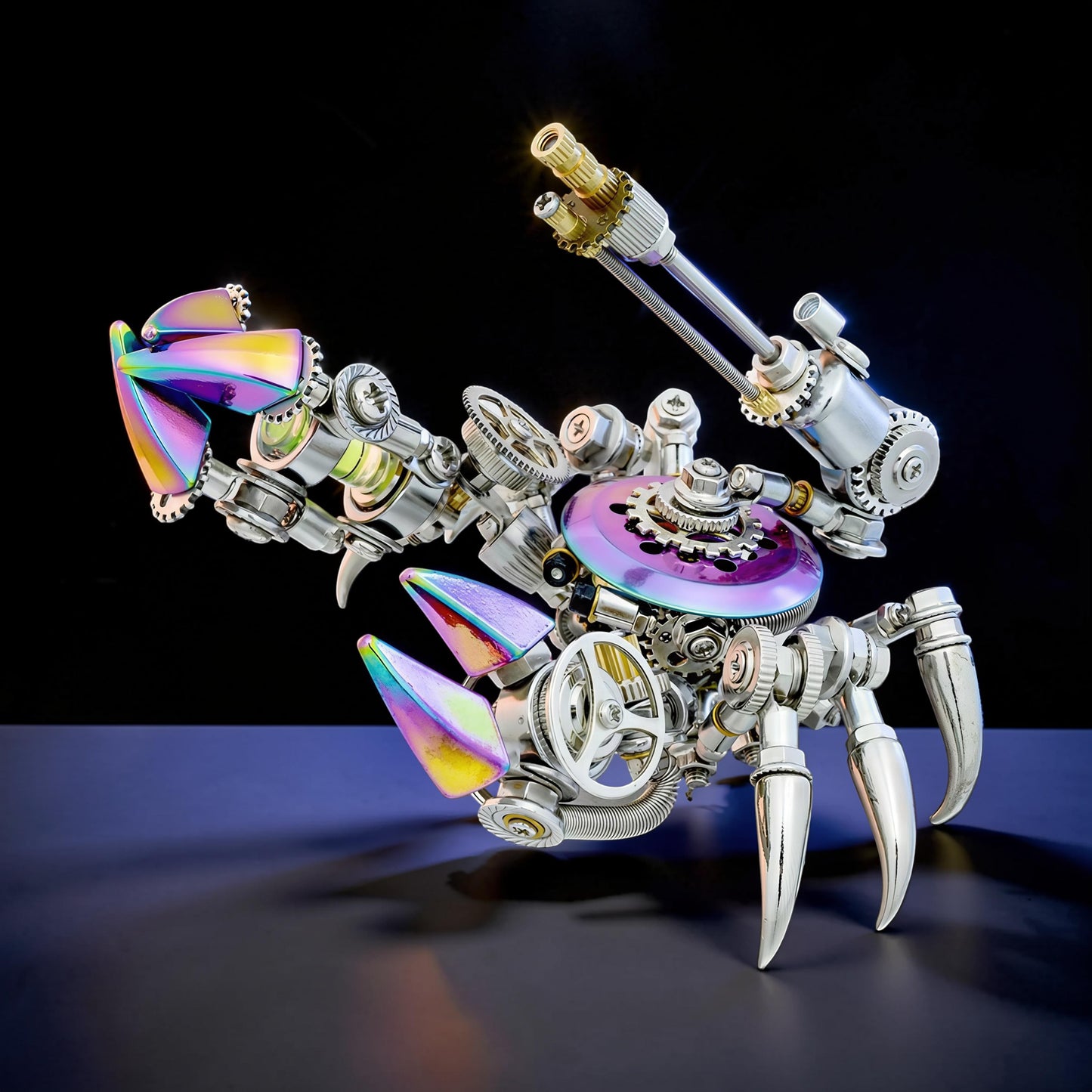 The Curious Mind Premium 3D metal crab model kit with iridescent claws and detailed steampunk gears.