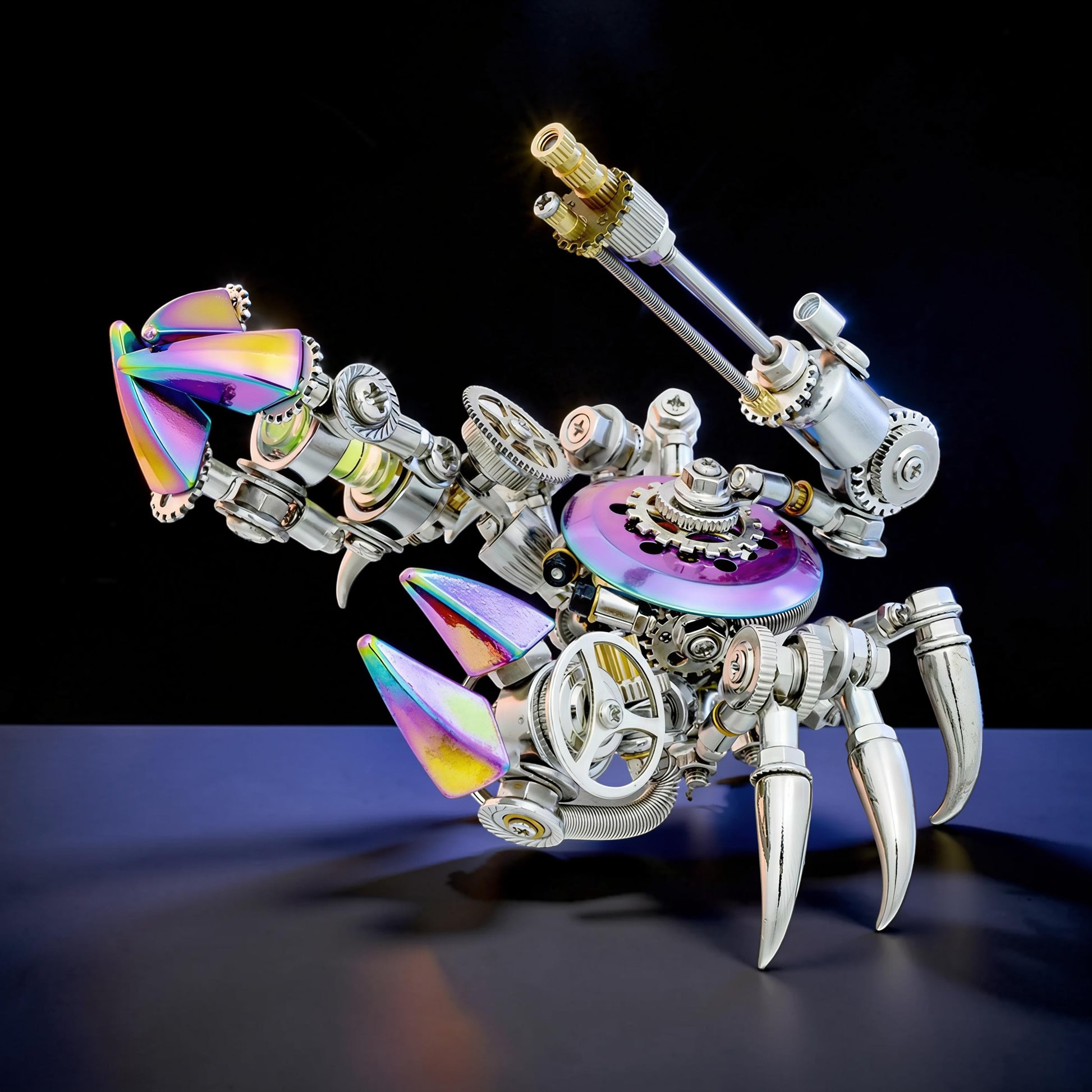 The Curious Mind Premium 3D metal crab model kit with iridescent claws and detailed steampunk gears.