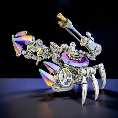 The Curious Mind Premium 3D metal crab model kit with iridescent claws and detailed steampunk gears.