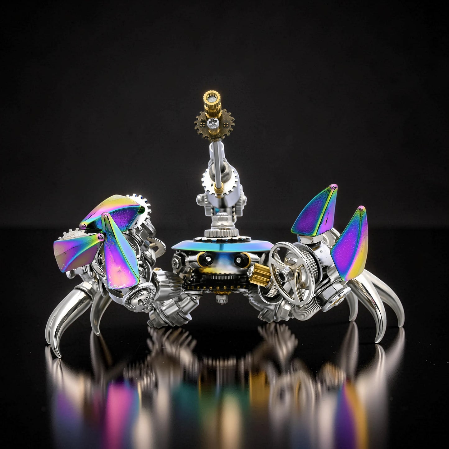 The Curious Mind Premium 3D metal crab model kit with iridescent claws and intricate gears. Steampunk-inspired desktop display.