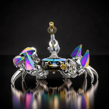 The Curious Mind Premium 3D metal crab model kit with iridescent claws and intricate gears. Steampunk-inspired desktop display.