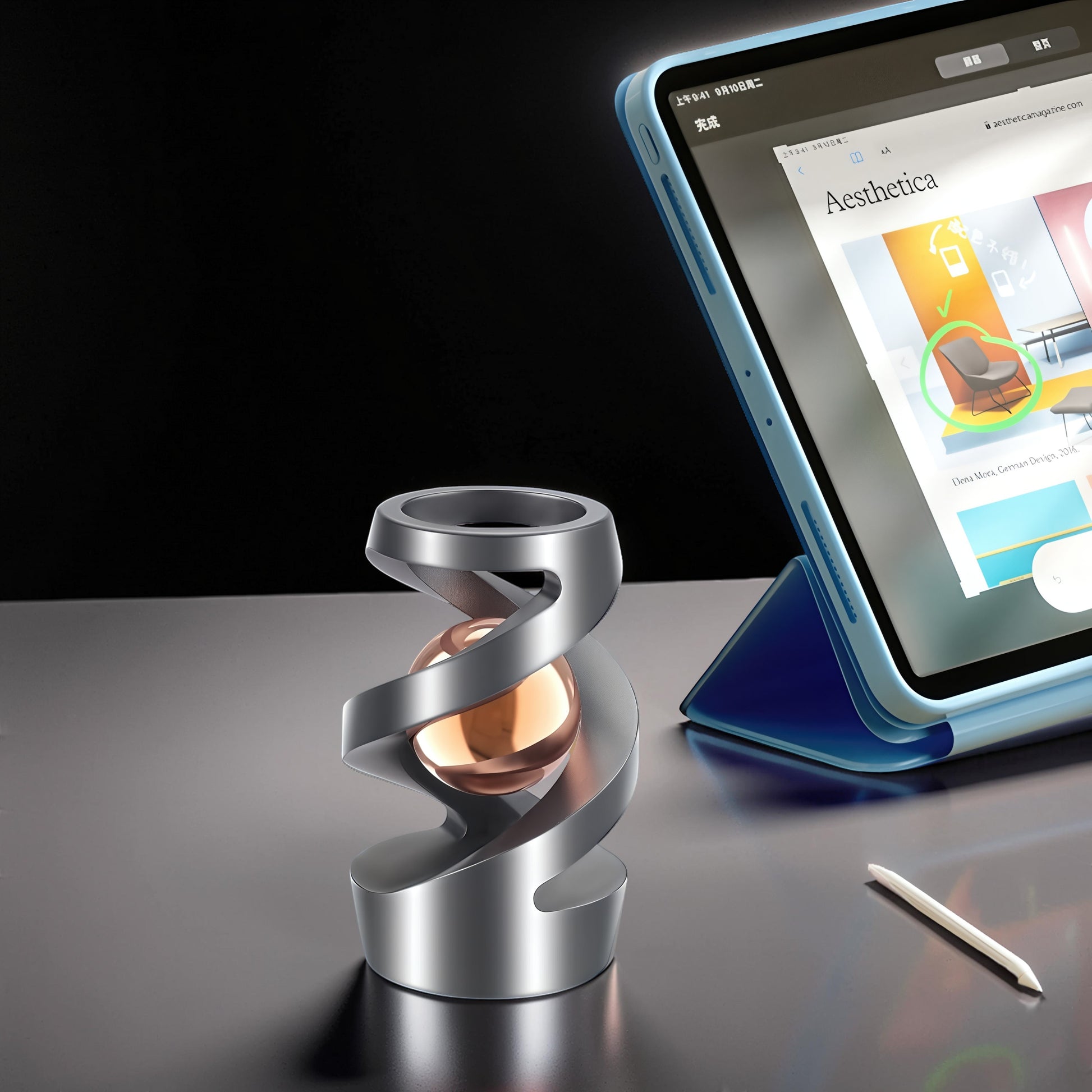 The Curious Mind Hypnosis Rotary Desk Spinner, a silver metal sculpture with a copper sphere inside, designed for focus and stress relief.