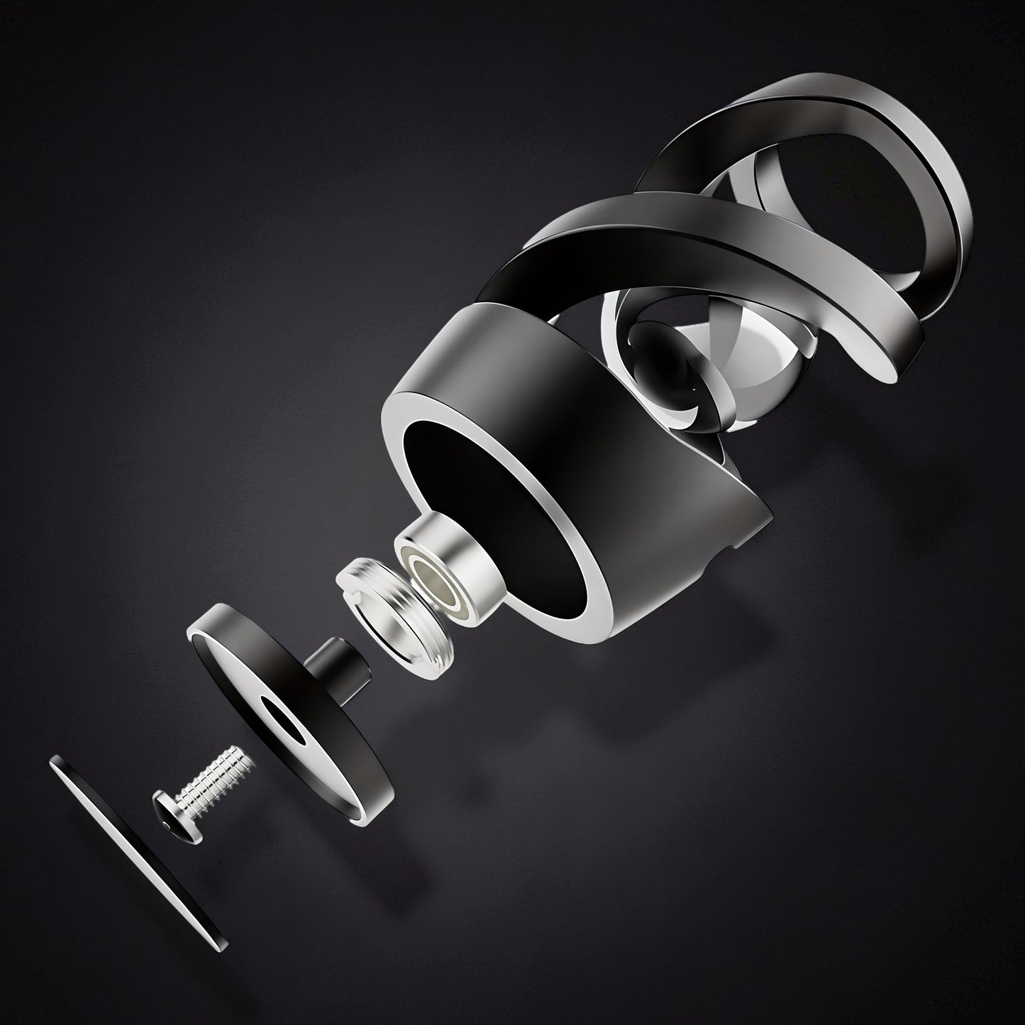 The Curious Mind Hypnosis Rotary Desk Spinner, a metal desk toy with a hypnotic spiral design and a central glass sphere. Exploded view showing components.