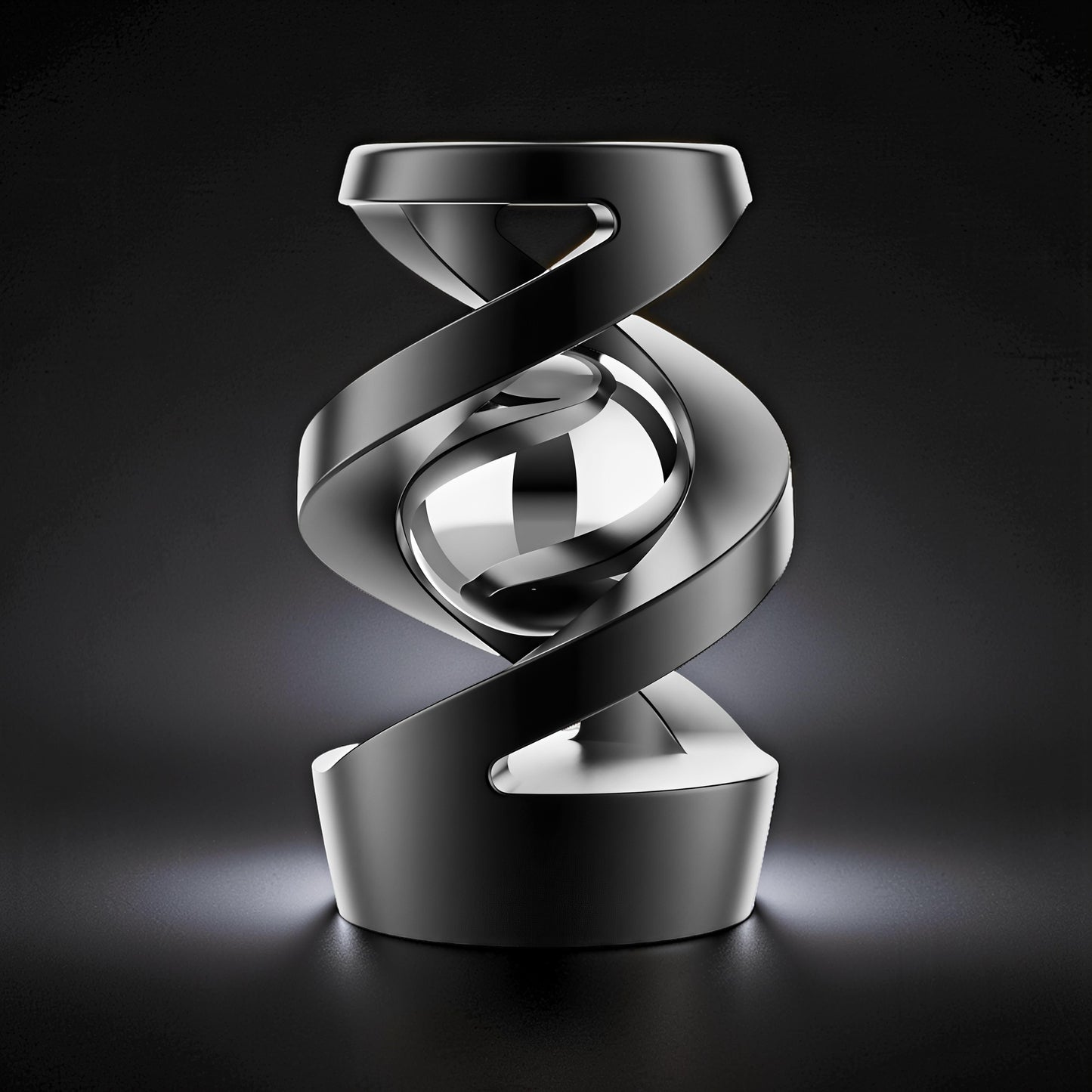 The Curious Mind Hypnosis Rotary Desk Spinner, a polished metal kinetic sculpture with a DNA-like helix design and a central sphere.