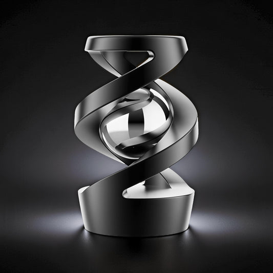 The Curious Mind Hypnosis Rotary Desk Spinner, a polished metal kinetic sculpture with a DNA-like helix design and a central sphere.