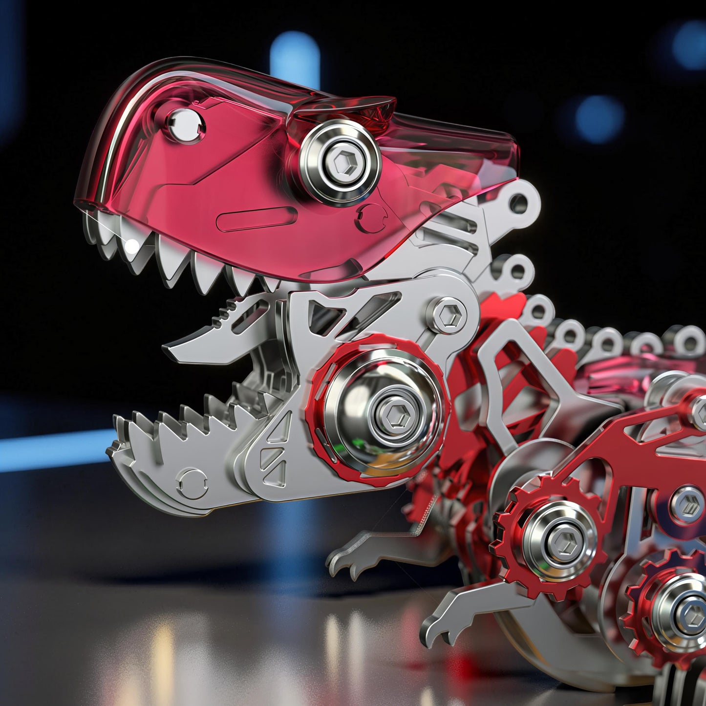 The Curious Mind Seahorse Premium 3D Metal Model Kit, a red transparent head dinosaur model with intricate metal gears and parts.