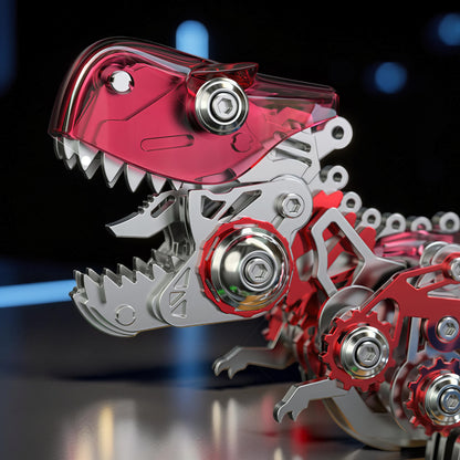 The Curious Mind Seahorse Premium 3D Metal Model Kit, a red transparent head dinosaur model with intricate metal gears and parts.