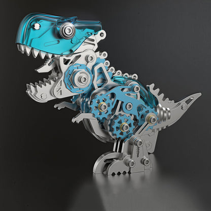 The Curious Mind's intricate metal model kit of a blue and silver T-Rex dinosaur with visible gears and a clear head.
