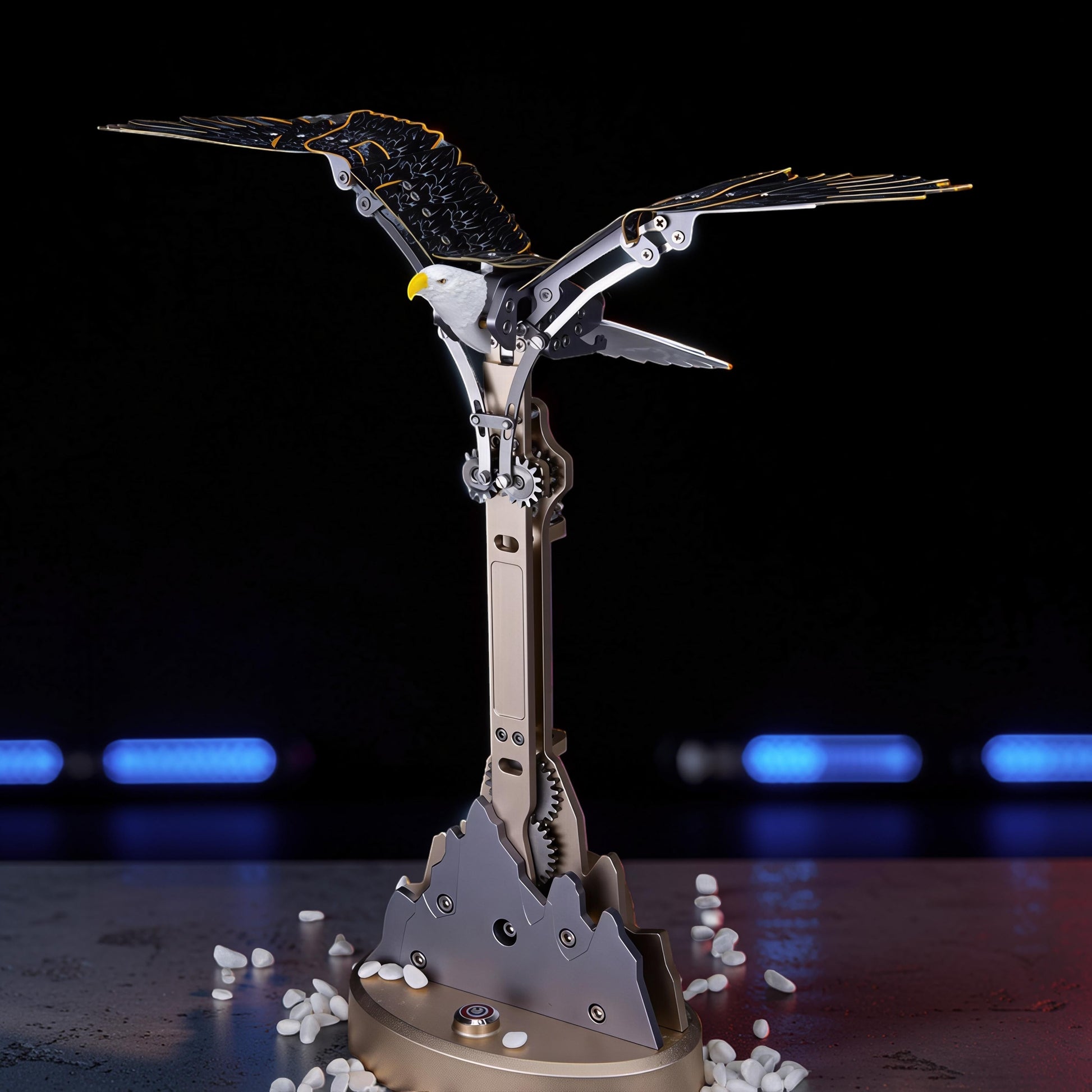 The Curious Mind Bald Eagle Flapping Wings DIY Kit, a detailed metal mechanical model with intricate gears and realistic feather design.
