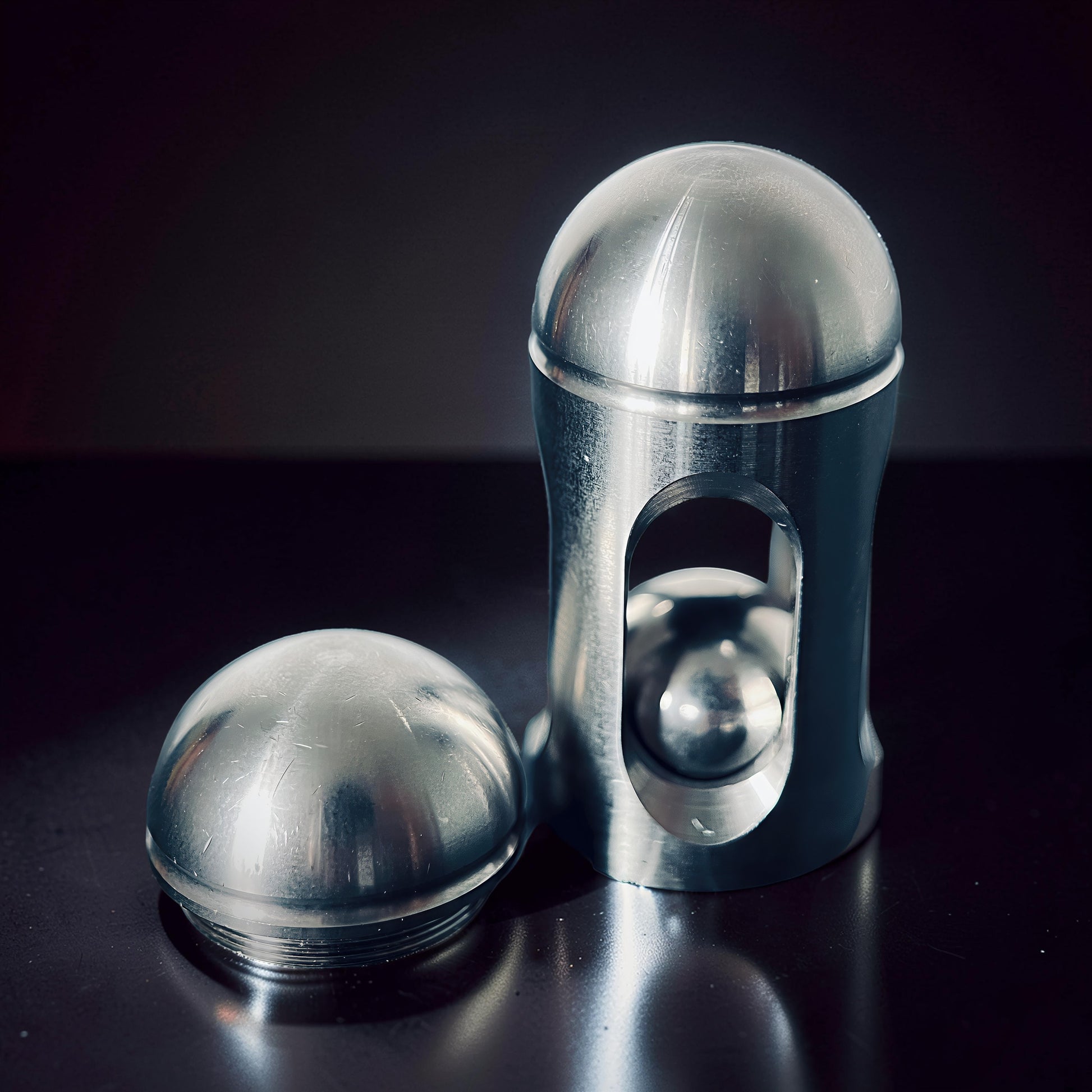 The Curious Mind Hit Egg Pocket Spinner is a compact, metallic fidget toy with a smooth, rounded cap and a cylindrical body featuring an internal ball.