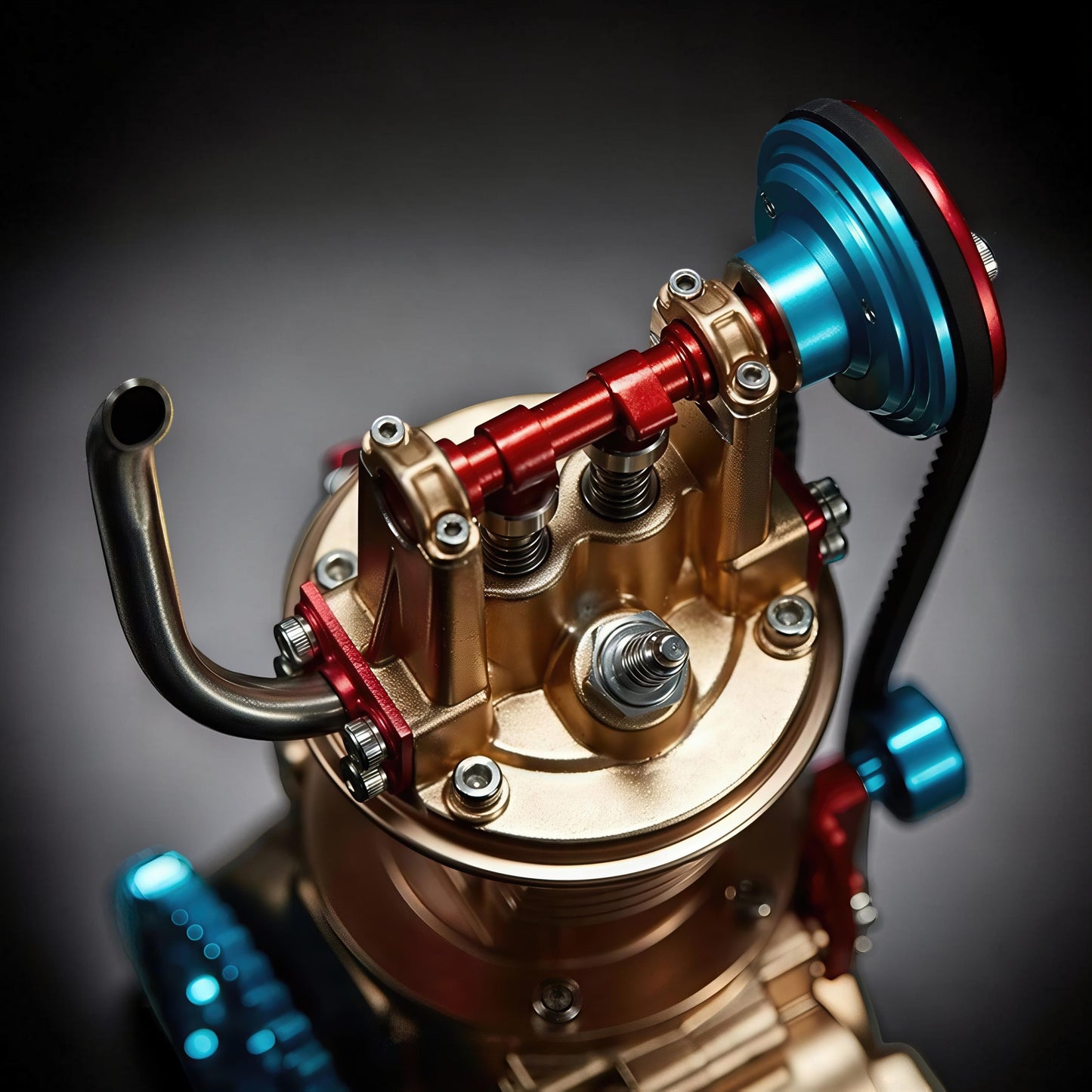 The Curious Mind Mini Single-Cylinder Engine DIY Kit, a detailed metal model with gold, red, and blue accents, featuring a belt-driven pulley system.