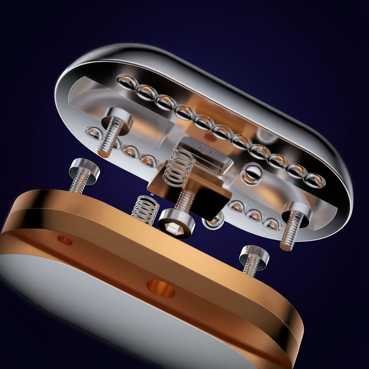The Curious Mind Mech Egg Clicker Slider, a compact metal fidget with a capsule shape, featuring a polished silver and copper finish and internal spring-loaded mechanism.