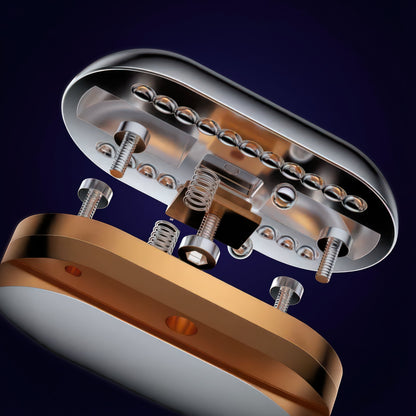 The Curious Mind Mech Egg Clicker Slider, a compact metal fidget with a capsule shape, featuring a polished silver and copper finish and internal spring-loaded mechanism.