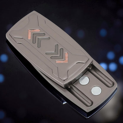 The Curious Mind Arrow Pusher Click Slider fidget toy, a compact metal slider with grey and copper arrow details for stress relief.