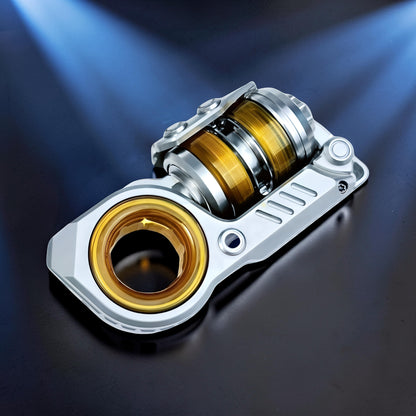The Curious Mind Fork Ratchet Metal Slider fidget toy with gold and silver accents. Compact, durable metal construction for stress relief.