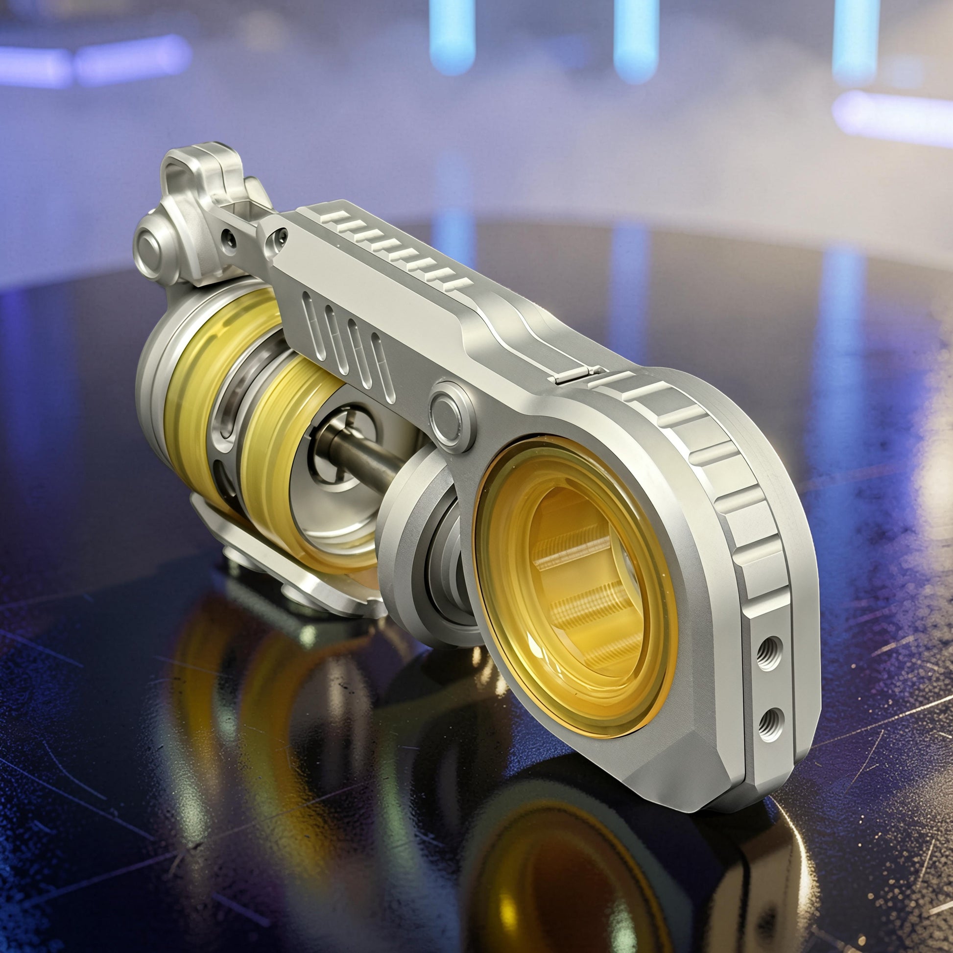 The Curious Mind Fork Ratchet Metal Slider fidget toy with yellow accents and a sleek, compact design.