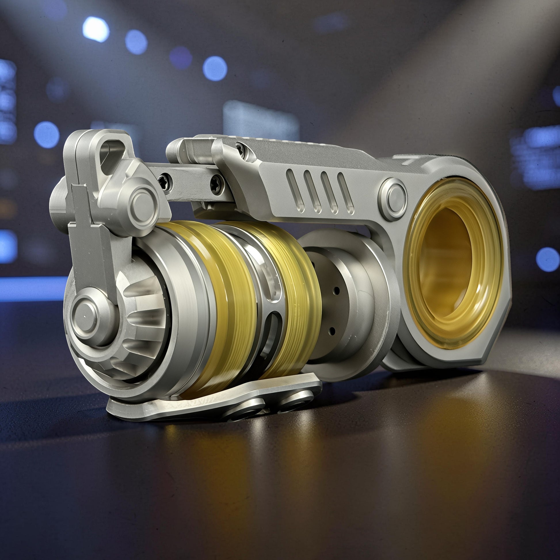 The Curious Mind Fork Ratchet Metal Slider fidget toy with silver metal body and yellow translucent rings.