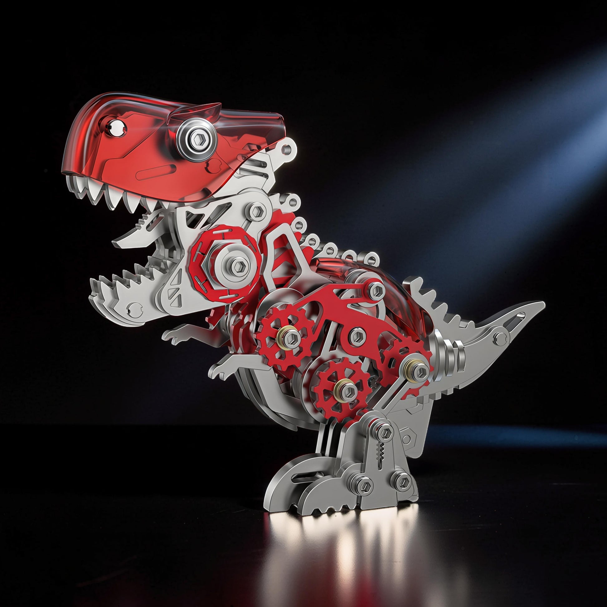 The Curious Mind Seahorse Premium 3D Metal Model Kit, a red and silver mechanical seahorse with visible gears and a clear head.